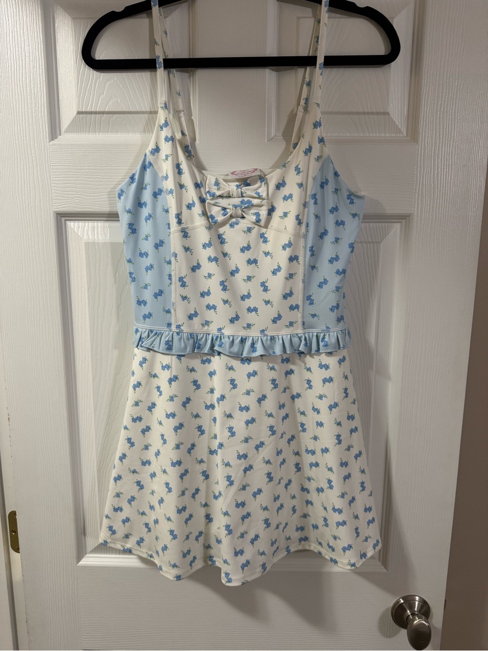 Shabby Chic Cream athletic dress with Blue Floral Print and Front Bow